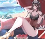  1girl beach black_swimsuit breasts cleavage dress_swimsuit fishnet_swimsuit food fruit highres juneplums morag_ladair_(obligatory_leave)_(xenoblade) morag_ladair_(xenoblade) ocean small_breasts solo swimsuit water watermelon xenoblade_chronicles_(series) xenoblade_chronicles_2 