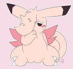  blush bodily_fluids chikidoodlez clair_the_clefable claws clefable embarrassed female generation_1_pokemon genitals hair hair_over_eye hand_on_chest looking_at_viewer nintendo one_eye_obstructed pink_body pokemon pokemon_(species) pussy sitting solo sweat sweatdrop tail wings 