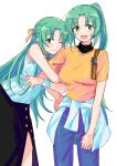  2girls :d ;) bangs black_skirt blue_pants breasts closed_mouth cowboy_shot green_eyes green_hair highres higurashi_no_naku_koro_ni large_breasts long_hair looking_at_viewer multiple_girls one_eye_closed open_mouth pants ponytail shirt siblings sierit simple_background sisters skirt smile sonozaki_mion sonozaki_shion standing twins white_background white_shirt yellow_shirt 