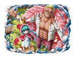  1boy 1girl abs animal_hood blonde_hair blue_eyes capri_pants cloak coat crown donquixote_doflamingo dress earrings english_commentary feather_coat gold_crown green_hair hat hood hood_up hooded_cloak jewelry leg_hair long_sleeves looking_at_viewer medium_hair muscular muscular_male official_art one_piece one_piece_treasure_cruise open_mouth pants pectorals pink_coat pointed_crown polka_dot polka_dot_dress red_cloak shirt smile smirk sugar_(one_piece) sunglasses teeth white_dress white_shirt 