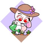  2018 alpha_channel anthro big_eyes carrot carrots_(starbirbz) clothing diamond_background female flower_on_hat food fur gardening hat headgear headwear lagomorph leporid mammal plant purple_background rabbit red_eyes simple_background solo starbirbz transparent_background vegetable watering watering_can white_body white_fur 