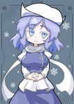  1girl absurdres breasts closed_mouth commentary grey_background hat highres letty_whiterock looking_at_viewer own_hands_together purple_hair short_hair snowflakes solo suikatou touhou white_hat 
