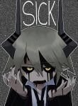  1boy black_blood black_jacket black_nails black_necktie black_sclera blood blood_from_mouth blood_on_face blood_on_hands collared_shirt colored_sclera demon demon_boy demon_horns english_commentary english_text fangs funamusea grey_hair grey_horns highres horns jacket jitome looking_at_viewer male_focus necktie open_mouth outline pointy_ears redscarfy shirt short_hair sidelocks solo static sullivan_(funamusea) sutare_yume text_focus white_outline white_shirt yellow_eyes 