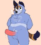  anthro bluey_(series) bodily_fluids body_hair canid canine chest_hair cum cum_drip dripping erection genital_fluids hi_res looking_at_viewer male mammal mochaloaf nervous_smile shy slightly_chubby solo stripe_heeler 