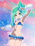  1girl adapted_costume arm_up arm_warmers armpits bikini blue_bikini breasts closed_mouth cowboy_shot earrings eyelashes glint green_eyes green_hair hair_ornament highres jewelry lisia_(pokemon) looking_at_viewer navel neck_warmer pokemon pokemon_oras ponytail r3dfive signature smile solo swimsuit v 