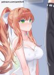  1boy 1girl bare_shoulders black_pants blush breasts brown_hair cleavage closed_mouth collarbone doki_doki_literature_club english_commentary green_eyes highres large_breasts long_hair monika_(doki_doki_literature_club) pants patreon_username shirt sidelocks solo_focus spaghetti_strap very_long_hair white_shirt yami_(rear4742) 