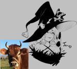  2022 animal_humanoid animal_print bovid bovid_humanoid bovine bovine_humanoid cattle_humanoid clothing cow_print cowbell dress ear_piercing ear_tag female grey_background hair hat headgear headwear hi_res horn humanoid looking_at_viewer mammal mammal_humanoid piercing reference_image short_hair simple_background smile solo ushiji witch_hat 