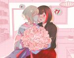  !? 2girls @_@ aoba_moca bang_dream! black_hair black_hoodie blush bookshelf bouquet ch_ban5 closed_eyes commentary english_commentary flower grey_hair hanging_light heart hood hoodie kiss kissing_cheek long_sleeves mitake_ran monochrome_background multicolored_hair multiple_girls open_mouth pink_flower pink_rose red_eyes red_hair red_skirt rose shirt short_hair skirt spoken_heart spoken_interrobang streaked_hair striped_clothes striped_shirt surprised sweatdrop table yuri 
