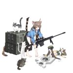  1girl :i absurdres ahoge animal animal_ear_fluff animal_ears anti-materiel_rifle bandaid bandaid_on_leg barefoot barrett_m82 beret blue_eyes blue_hoodie blue_shorts brown_hair cat_ears cat_tail check_weapon clothed_animal crate gun hat heterochromia highres holding holding_gun holding_weapon hood hood_down hoodie long_hair multiple_cats original rifle shorts sidelocks simple_background sniper_rifle standing striped_tail sunglasses tail target toes toombo12 v-shaped_eyebrows vest weapon white_background yellow_eyes 