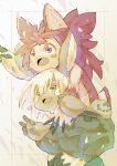  1girl 1other :3 animal_ears border brown_fur buna_(beech_forest) carrying carrying_person claws furry green_border green_pants highres inset_border leg_lock long_hair made_in_abyss mitty_(made_in_abyss)_(furry) nanachi_(made_in_abyss) open_mouth pants piggyback pointing puffy_pants rabbit_ears red_eyes red_hair smile whiskers white_background white_hair yellow_eyes 