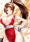  1girl bare_arms breasts brown_eyes brown_hair closed_mouth fatal_fury fire groin hair_intakes hand_on_own_hip high_ponytail highres japanese_clothes kimono large_breasts looking_at_viewer ninja pelvic_curtain plunging_neckline red_kimono sash shiranui_mai side_slit solo the_king_of_fighters thighs traditional_media wrist_cuffs yosaku_vs_hina 