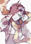  1boy a_d_chi arm_up black_hair blue_eyes closed_mouth commentary_request dappled_sunlight falling_petals floating_scarf from_above highres looking_at_viewer looking_up male_focus mochizuki_ryouji one_eye_closed open_hand outdoors persona persona_3 petals scarf shirt short_hair signature simple_background smile solo sunlight suspenders upper_body white_shirt yellow_scarf 