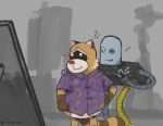 2024 anthro belly brown_body clothing duo fritap4p4 grey_body hi_res machine male mammal procyonid raccoon rascal_(robot_dreams) red_nose robot robot_(robot_dreams) robot_dreams shirt slightly_chubby topwear