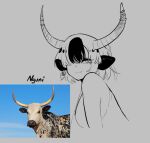  2022 animal_humanoid bare_shoulders black_ears bovid bovid_humanoid bovine bovine_humanoid cattle_humanoid ear_piercing ear_tag female hair hi_res horn horn_jewelry horn_ring humanoid jewelry looking_at_viewer mammal mammal_humanoid piercing reference_image ring_(jewelry) short_hair smile solo ushiji 