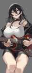  1girl absurdres black_collar black_hair black_jacket blush breasts cleavage collar collarbone earrings electric_guitar grey_background guitar highres holding holding_instrument hoop_earrings instrument jacket jewelry large_breasts long_hair long_sleeves looking_at_viewer niji_(user_gaxk2333) open_mouth original red_eyes short_shorts shorts simple_background smile teeth torn_clothes torn_shorts upper_teeth_only 