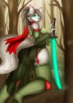  absurd_res anthro breasts butt canid canine canis clothing female hair hand_on_sword hi_res inner_ear_fluff mammal melee_weapon mrs_kiss scarf solo sword tuft weapon wolf wolf_wolfindeir_(thewolfycreator) 