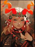  1boy artist_name bellhenge blonde_hair blue_eyes earrings ember_set_(zelda) facepaint fake_horns horned_headwear horns jewelry link male_focus medium_hair pointy_ears solo the_legend_of_zelda the_legend_of_zelda:_tears_of_the_kingdom 