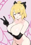  1girl :&gt; arm_under_breasts black_bow black_gloves blonde_hair bow breasts closed_mouth commentary_request elbow_gloves gloves hair_bow heart highres huge_breasts kurodani_yamame navel red_eyes rinyamame short_hair smile solo touhou upper_body v 