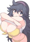  1girl @_@ bikini black_eyes black_hair blush breasts cleavage clothes_lift commentary_request front-tie_bikini front-tie_top hairband hex_maniac_(pokemon) highres huge_breasts lifted_by_self long_hair looking_at_viewer parted_lips perapera pokemon pokemon_(game) pokemon_xy shirt_lift simple_background solo swimsuit swimsuit_under_clothes white_background yellow_bikini 