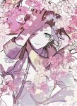  1boy a_d_chi arm_up black_hair blue_eyes cherry_blossoms closed_mouth commentary dappled_sunlight english_commentary falling_petals floating_scarf from_above highres looking_at_viewer looking_up male_focus mochizuki_ryouji one_eye_closed open_hand outdoors persona persona_3 petals scarf shirt short_hair signature smile solo sunlight suspenders upper_body white_shirt yellow_scarf 