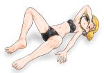  1girl arm_up bare_arms bare_legs bare_shoulders barefoot bike_shorts black_bra black_shorts blonde_hair bra breasts cleavage eyelashes groin highres inkling inkling_girl inkling_player_character koharu2.5 lying medium_breasts navel on_back orange_eyes parted_lips short_hair shorts simple_background solo splatoon_(series) strapless strapless_bra suction_cups tentacle_hair underwear white_background 