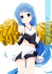  1girl alternate_costume artist_name bangs black_buruma blue_eyes blue_hair buruma buruma_under_skirt character_name cheerleader commentary_request cowboy_shot gradient_hair highres holding holding_pom_poms inaba_shiki kantai_collection long_hair looking_at_viewer multicolored_hair pleated_skirt pom_pom_(cheerleading) samidare_(kancolle) shirt simple_background skirt sleeveless sleeveless_shirt solo swept_bangs very_long_hair white_background 