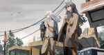  2girls absurdres animal_ear_fluff animal_ears arknights bag baggy_pants brown_jacket grey_jacket hands_in_pockets highres jacket lappland_(arknights) multiple_girls oversized_clothes pants scar scar_across_eye senkane tail texas_(arknights) white_hair wolf_ears wolf_girl wolf_tail 