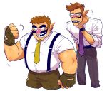  2boys :d alternate_costume alternate_muscle_size bara belly blush character_request clenched_hand collared_shirt cropped_legs facial_hair formal gloves highres large_hands male_focus mario_(series) multiple_boys muscular muscular_male mustache necktie pectorals pink_nose plump pointy_ears salaryman sharp_teeth shirt skinny smile standing suspenders teeth thick_arms thick_mustache wario white_background yowasabimechaoc 