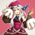  1girl :d adapted_costume animal_on_arm bangs bare_shoulders bird bird_on_arm cosplay detached_sleeves dress fire_emblem fire_emblem:_radiant_dawn fire_emblem_heroes fur_trim grey_hair gzei hair_between_eyes hair_ribbon half_updo hat highres long_hair long_sleeves looking_to_the_side micaiah_(fire_emblem) mirabilis_(fire_emblem) mirabilis_(fire_emblem)_(cosplay) nightcap open_mouth pom_pom_(clothes) purple_dress purple_headwear ribbon simple_background sleeveless sleeveless_dress sleeves_past_fingers sleeves_past_wrists smile solo turtleneck_dress twitter_username two-tone_background upper_body yellow_eyes yune_(fire_emblem) 