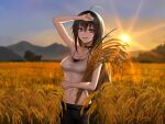  1girl :d ahoge arm_up bangs bare_arms black_hair black_pants blurry blurry_background breasts cleavage collarbone fate/empire_of_dirt game_cg groin hair_between_eyes holding liu_xiu_(fate/empire_of_dirt) long_hair looking_at_viewer medium_breasts midriff mountainous_horizon multicolored_hair navel open_mouth outdoors pants red_eyes red_hair shirt sleeveless sleeveless_shirt smile solo standing stomach sun sunlight tied_shirt tsuki_tokage two-tone_hair very_long_hair wheat_field white_shirt 