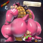  2024 anthro armband big_butt blush bodily_fluids bowser breath butt button_prompt crouching dialogue duo el_booki facesitting gameplay_mechanics hi_res horn huge_butt koopa looking_back male male/male mammal mario_and_luigi_(series) mario_bros midbus musk musk_clouds nintendo pink_body scalie sitting_on_another suid suina sus_(pig) sweat sweaty_butt tattoo text_box toothy_grin tusks 