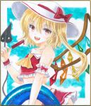  1girl :d adapted_costume bikini blonde_hair border bow collarbone commentary_request cowboy_shot flandre_scarlet food frilled_skirt frills hajike_akira happy hat hat_bow holding holding_food holding_popsicle medium_hair midriff off_shoulder pointy_ears popsicle red_bikini red_bow red_eyes red_skirt red_wristband side_ponytail skirt skirt_set smile sun_hat swimsuit teeth touhou traditional_media upper_teeth_only white_border white_hat 