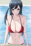  1girl absurdres arm_support bangs bare_arms bikini black_eyes black_hair breasts cleavage collarbone diagonal_bangs eyebrows_behind_hair hair_ornament halterneck highres in_water light_blush light_particles long_hair looking_at_viewer love_live! love_live!_nijigasaki_high_school_idol_club medium_breasts navel outdoors pool red_bikini red_swimsuit smile solo swimsuit ta_02ss wet wet_clothes wet_swimsuit yuuki_setsuna_(love_live!) 