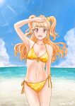  1girl 2020 :d absurdres aikatsu! aikatsu!_(series) arm_up armpits bangs bare_arms beach bikini blonde_hair blue_sky blush breasts cleavage cloud collarbone cowboy_shot dated floating_hair floral_print front-tie_bikini front-tie_top hair_ornament highres jungle_zzz long_hair natsuki_mikuru ocean open_mouth print_bikini red_eyes ribbon side-tie_bikini sketch sky small_breasts smile solo standing summer swimsuit thigh_gap twintails very_long_hair yellow_bikini yellow_ribbon 