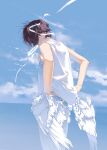  1boy black_hair blue_sky cloud cloudy_sky cowboy_shot day facing_down feathered_wings from_side hair_over_eyes halo hand_under_clothes highres horizon long_bangs low_wings male_focus mouth_hold ocean original outdoors pants revision rido_(ridograph) shirt short_hair sky sleeveless sleeveless_shirt solo water white_pants white_wings wings 