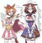  2girls 3j_dangan :d @_@ ahoge animal_ears armor bag between_breasts blue_dress blush breasts brown_hair cape chain crown dress ear_ornament ear_piercing ear_ribbon ears_down fingerless_gloves flower frilled_shirt frills furrowed_brow gloves gold_chain hair_between_eyes hairband highres horse_ears horse_girl horse_tail jewelry korean_text large_breasts medium_hair meisho_doto_(umamusume) mini_crown multicolored_clothes multicolored_dress multicolored_hair multiple_girls multiple_rings neck_ribbon open_mouth orange_hair orange_tail outstretched_arm own_hands_together pauldrons piercing pink_cape pink_hairband pink_skirt purple_eyes reaching red_flower red_rose ribbed_shirt ribbon ring rose shirt short_hair shoulder_armor shoulder_bag shoulder_pads skirt smile standing strap_between_breasts t.m._opera_o_(umamusume) tail translation_request triangle_mouth two-tone_hair umamusume v-shaped_eyebrows vambraces white_background white_gloves white_hair white_shirt 