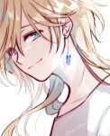  1boy blonde_hair blue_eyes blue_gemstone close-up closed_mouth collarbone crew_neck dangle_earrings earrings fai_d._flowright gem hair_between_eyes highres jewelry kurabayashi long_hair looking_at_viewer male_focus portrait refraction shirt sideways_glance simple_background smile solo tsubasa_chronicle white_background white_shirt 