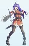  1girl :d ahoge armor black_footwear black_thighhighs dress fingerless_gloves fire_emblem fire_emblem:_path_of_radiance full_body funami_dingo gloves green_eyes hair_between_eyes hairband highres holding holding_sword holding_weapon looking_at_viewer mia_(fire_emblem) open_mouth orange_dress orange_gloves pauldrons purple_hair shoulder_armor single_pauldron smile solo sword teeth thighhighs upper_teeth_only weapon white_hairband 