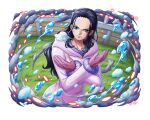  1girl black_hair blue_eyes blush closed_mouth coat crossed_arms english_commentary fur-trimmed_coat fur_trim gloves hood hood_down long_hair long_sleeves looking_at_viewer nico_robin official_art one_piece one_piece_treasure_cruise pink_coat pink_gloves solo 