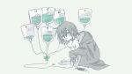  1boy amber-breathe bags_under_eyes chinese_commentary closed_mouth commentary_request green_eyes hood hood_down hoodie intravenous_drip isoi_haruki long_bangs long_sleeves male_focus partially_colored pill ribbon saibou_shinkyoku short_hair simple_background socks solo squatting 