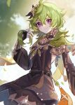  1girl absurdres ahoge bangs belt blurry blurry_background brown_dress collei_(genshin_impact) detached_sleeves dress earrings falling_leaves genshin_impact green_hair highres jewelry kino_(m6t2a) leaf outdoors purple_eyes smile solo thighs vision_(genshin_impact) 