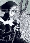  1girl breasts corset detached_hood detached_sleeves dress dungeon_meshi ear_covers highres holding holding_staff hood hood_up jiang1818 long_hair marcille_donato marcille_donato_(lord) medium_breasts monochrome parted_lips profile simple_background solo spoilers staff very_long_hair 