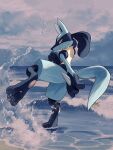  closed_mouth cloud commentary_request full_body highres kuchiba_(jret2454) lucario outdoors pokemon pokemon_(creature) sand shore sky solo standing standing_on_one_leg water yellow_fur 