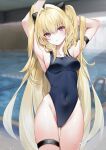  1girl armpits blonde_hair blush breasts cameltoe covered_navel hair_ornament highres konjiki_no_yami long_hair looking_at_viewer medium_breasts one-piece_swimsuit pool red_eyes solo swimsuit thigh_strap to_love-ru very_long_hair yukineko1018 