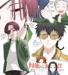  6+boys black_hair blue_hair brown_hair earrings eied_0 eyepatch glasses green_eyes green_jacket hayato_suou highres jacket jewelry multiple_boys multiple_views open_mouth popped_collar red_eyes round_eyewear school_uniform shirt smile sugishita_kyoutarou togame_jou umemiya_hajime v-shaped_eyebrows white_hair white_shirt wind_breaker_(nii_satoru) yellow_jacket 