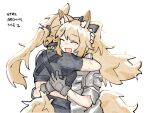  :d ^_^ animal_ear_fluff animal_ears arknights black_bow black_pants black_shirt blemishine_(arknights) bow breast_pocket closed_eyes cropped_shirt dirty dirty_face gloves grey_gloves grey_shirt hair_bow horse_ears horse_girl horse_tail hug long_hair nearl_(arknights) open_mouth pants pocket ponytail shirt short_sleeves siblings sidelocks simple_background sisters smile tail vento white_background 