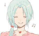  1girl blue_hair chinese_commentary closed_eyes commentary_request eighth_note enomoto_noa grin hair_bobbles hair_ornament heart heart_necklace highres jewelry jiujiya long_hair low_ponytail musical_note necklace portrait saibou_shinkyoku side_ponytail smile solo white_background 