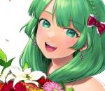  1girl bangs bow earrings eyelashes flower frilled_bow frills front_ponytail green_eyes green_hair hair_bow happy jewelry kageharu kagiyama_hina looking_at_viewer medium_hair open_mouth red_bow simple_background symbol-only_commentary touhou upper_body white_background 