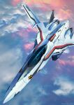  1boy cloud commentary_request flying helmet highres macross macross_frontier mecha pilot pilot_suit realistic remote_shiba robot s.m.s. saotome_alto science_fiction signature spacesuit variable_fighter vf-25 when_you_see_it 