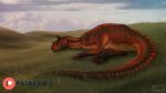  2022 abelisaurid absurd_res anus carnotaurus claws cloud dinosaur feet female feral genitals grass hi_res horn lying moonski nude on_side outside paws plains plant pussy red_body reptile scalie sky sleeping solo theropod 